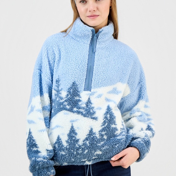 NWT SincerelyJules Half Zip Winter Wonderland Fleece pullover in Blue ice ❄️🌲 - Picture 3 of 11